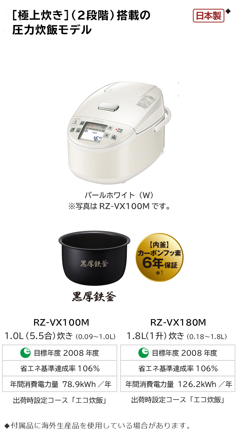 日立 圧力IH炊飯器 5.5合炊き パールホワイト RZ-V100M-W-