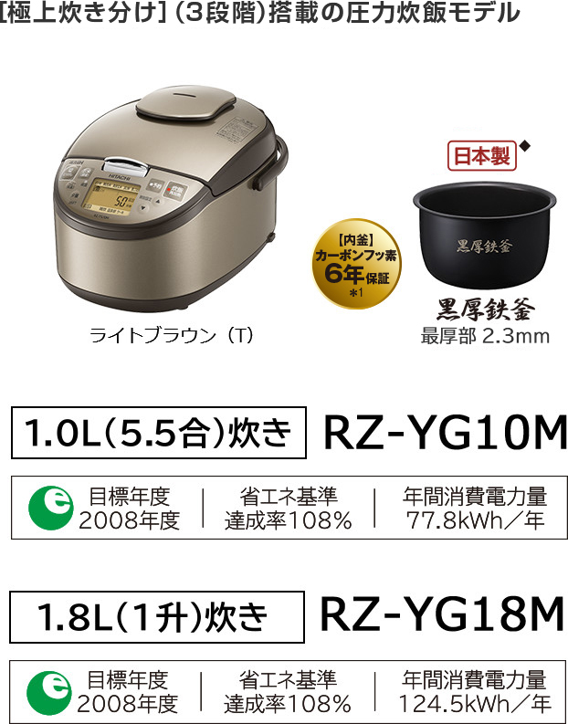圧力IH RZ-YG10M・YG18M ： 炊飯器 ： 日立の家電品