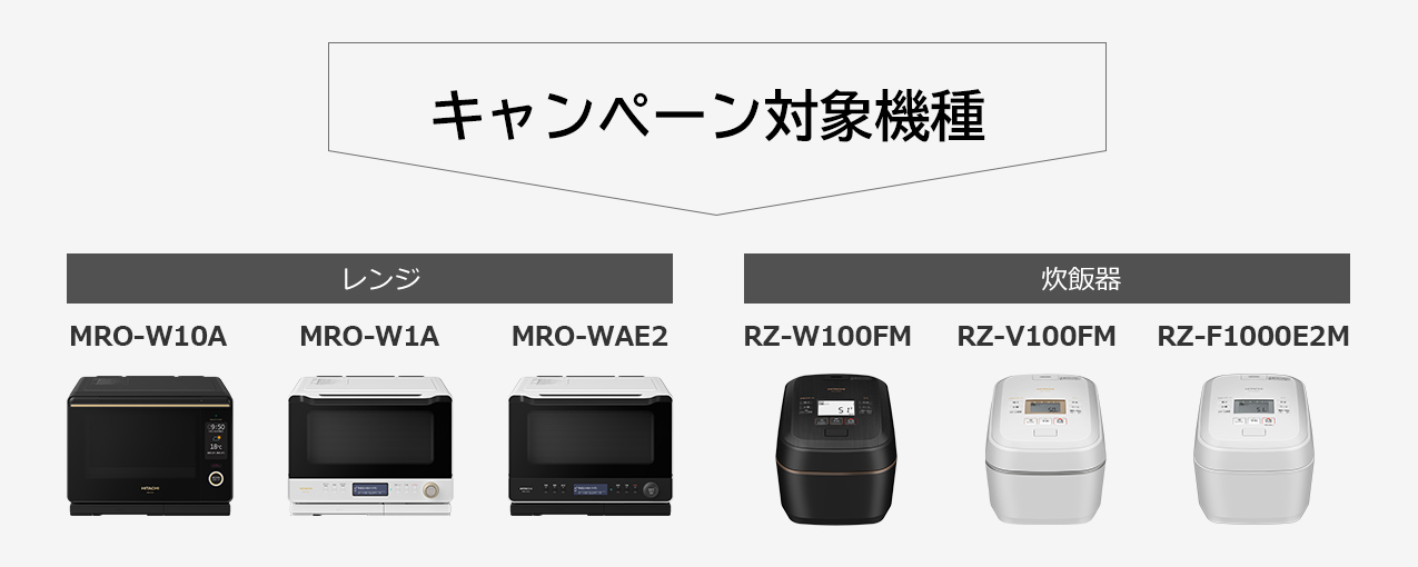 キャンペーン対象機種 レンジ MRO-W10A MRO-W1A MRO-WAE2 炊飯器 RZ-W100FM RZ-V100FM RZ-F1000E2M