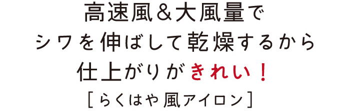 高速風＆大風量でシワを伸ばして乾燥するから仕上がりがきれい！［らくはや 風アイロン］