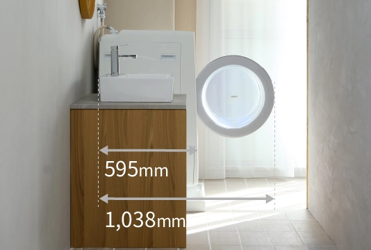 BD-CG80Pの本体奥行595mm、ドアを開けた状態では1,038mm