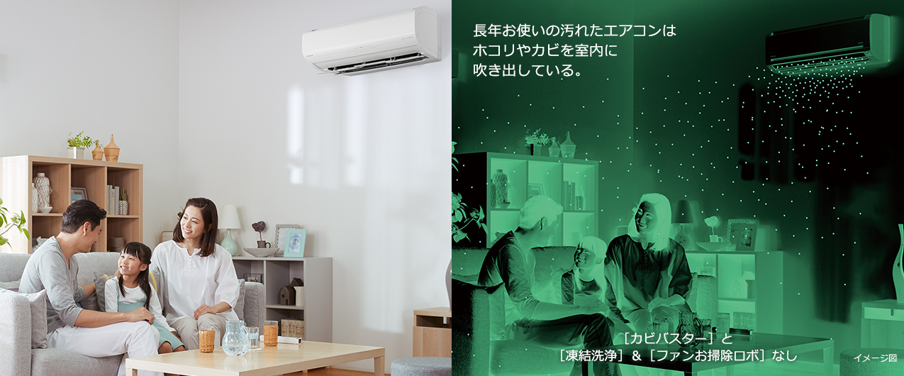 長年お使いの汚れたエアコンはホコリやカビを室内に吹き出している。［カビバスター］と［凍結洗浄］＆［ファンロボ］なし