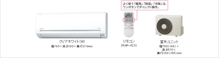 クリアホワイト（W） 幅780×高さ280×奥行210mm リモコン［RAR-4Z3］　よく使う「暖房」「除湿」「冷房」は、ワンボタンでダイレクト操作。 室外ユニット 幅750（＋86）×高さ570×奥行288（＋56）mm