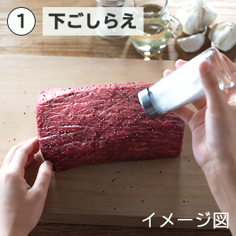 塩・こしょうなどで下味をつけた牛肉を焼網にのせ、庫内に入れる。