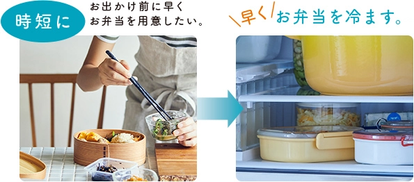 時短に お出かけ前に早くお弁当を用意したい。\早く/ お弁当を冷ます。