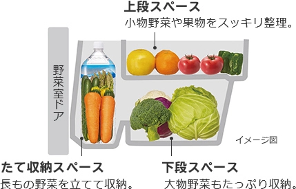 上段スペース 小物野菜や果物をスッキリ整理。たて収納スペース 長野菜を立てて収納。下段スペース 大物野菜もたっぷり収納。