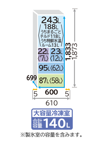 仕様：HWSタイプ R-HWS47R ： 冷蔵庫 ： 日立の家電品