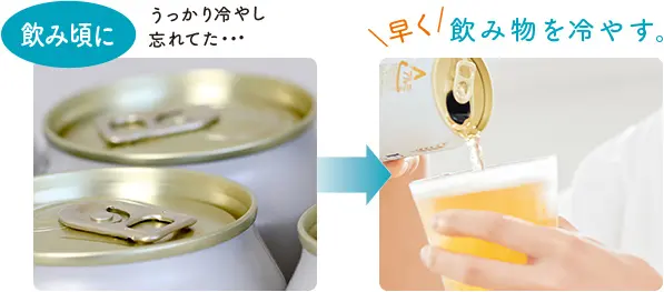 飲み頃に うっかり冷やし忘れてた・・・ \早く/ 飲み物を冷やす。