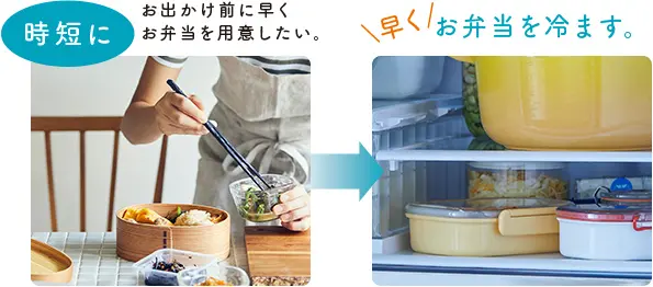 時短に お出かけ前に早くお弁当を用意したい。\早く/ お弁当を冷ます。※1
